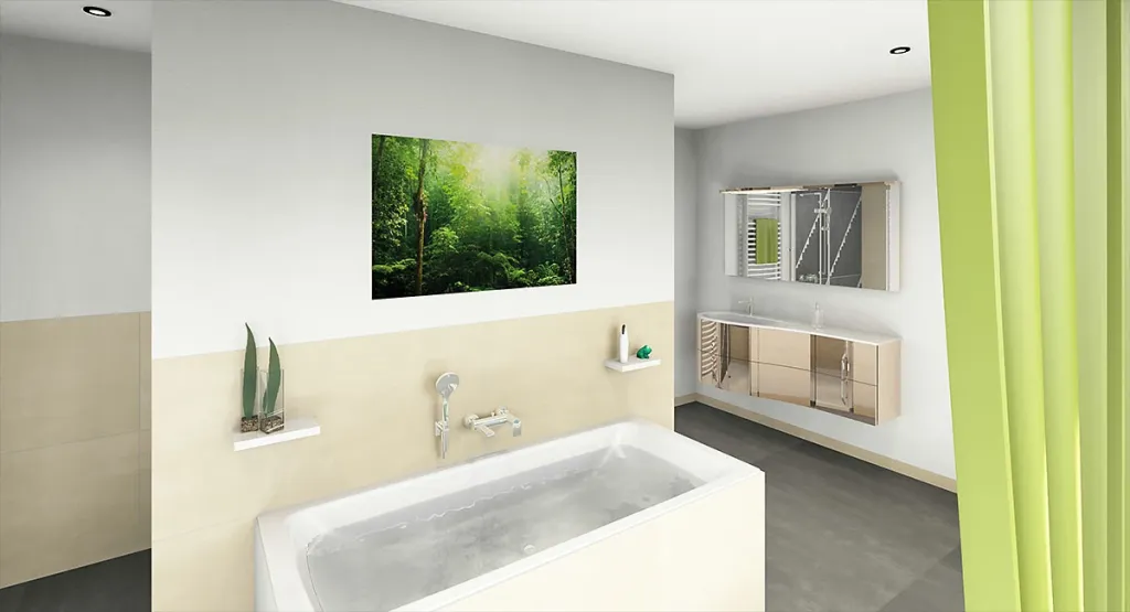 Geräumiges Bad mit Einbaubadewanne, Waldbild an der Wand und grünem Vorhang als Raumteiler