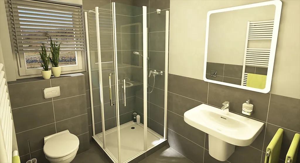 Kompaktes Badezimmer mit Eckdusche, wandhängendem WC und beleuchtetem Spiegel in Grautönen