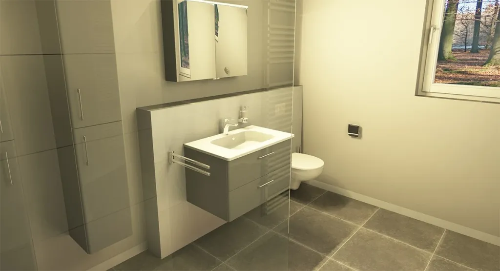 Modernes Badezimmer mit grauem Waschtischunterschrank, Spiegelschrank und wandhängendem WC