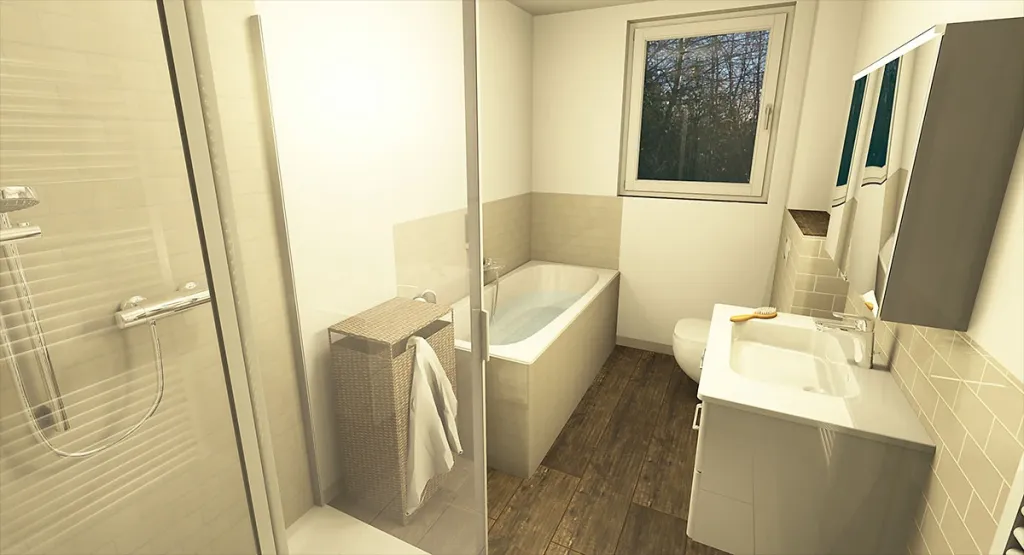 Helles Badezimmer mit Einbaubadewanne, Glasdusche und weißem Waschtisch auf Holzboden