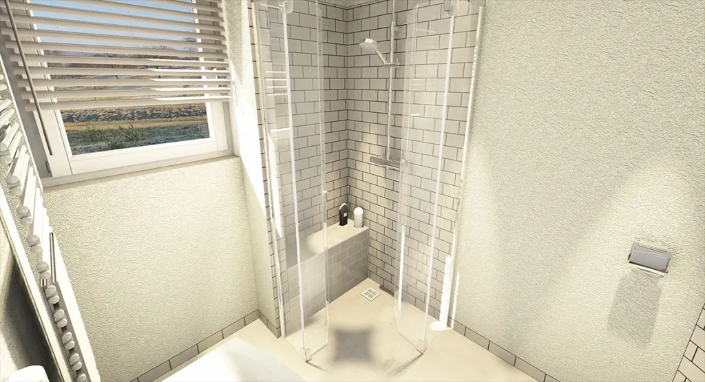 Vogelperspektive auf kleines Badezimmer mit weißen Metrofliesen und bodengleicher Eckdusche