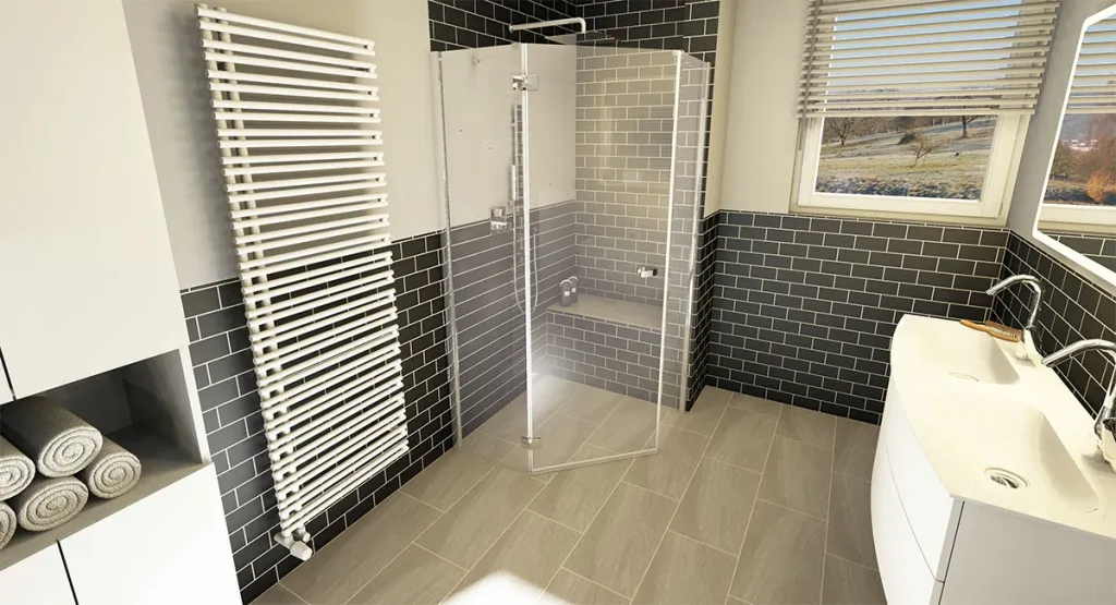 Badezimmer mit schwarzen Metrofliesen, Eckdusche und weißem Badheizkörper