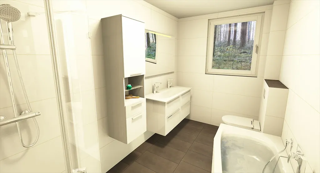 Helles Badezimmer mit Glasdusche, weißem Waschtisch, Hochschrank und Eckbadewanne