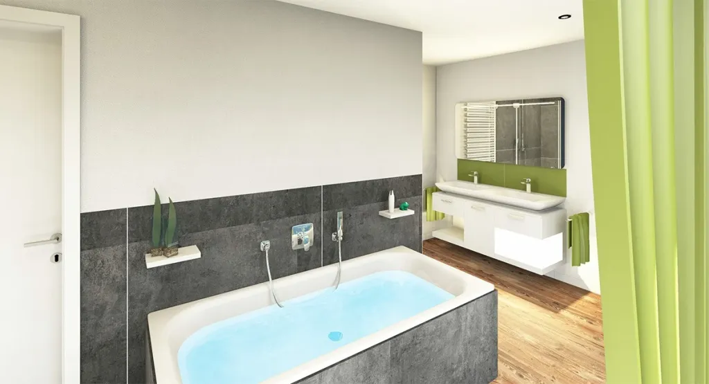 Modernes Badezimmer mit Eckbadewanne, grünen Farbakzenten und Doppelwaschtisch auf Holzboden