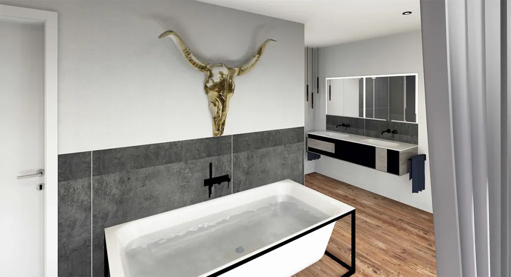 Luxuriöses Bad mit freistehender Badewanne, goldenem Stierkopf-Wanddeko und schwarzem Doppelwaschtisch