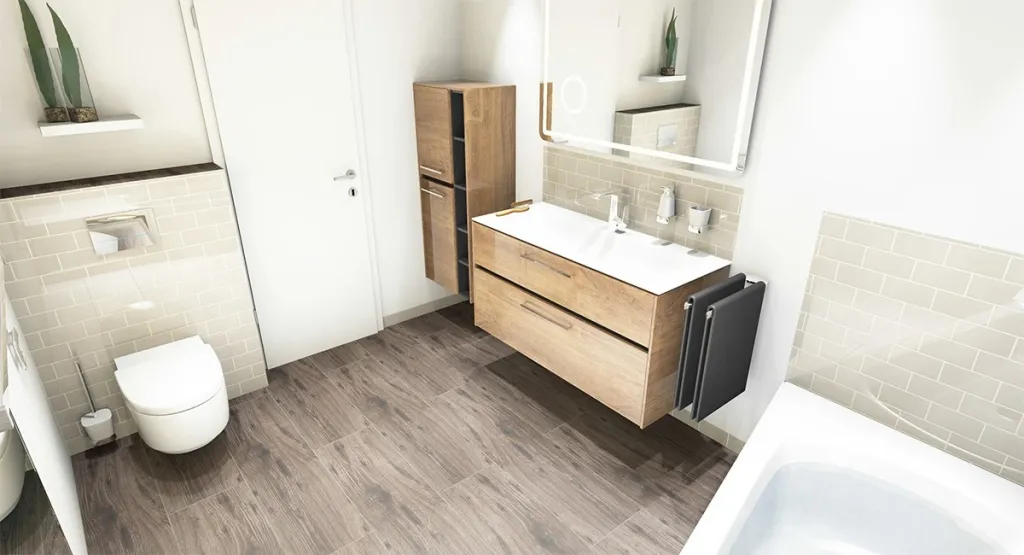 Badezimmer mit Eichenholz-Waschtisch, Hochschrank und cremefarbenen Metrofliesen auf Holzboden