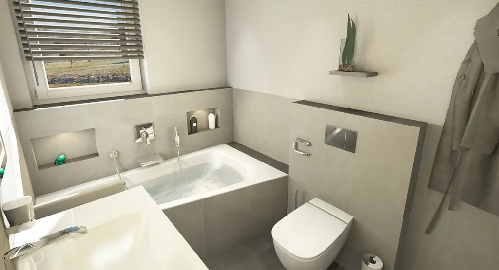 Elegantes Badezimmer mit Einbaubadewanne, beleuchteten Wandnischen und wandhängendem WC