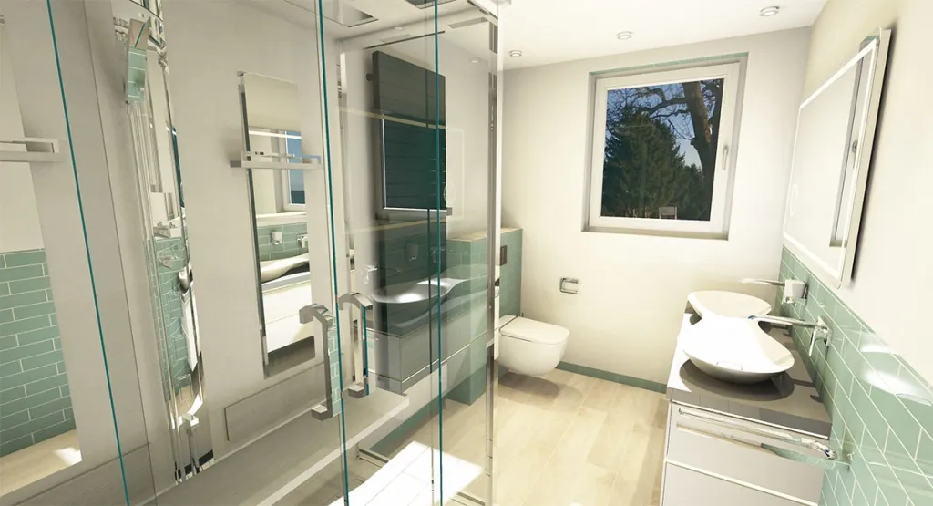 Modernes Bad mit großer Glasdusche, mintgrünen Metrofliesen und weißem Aufsatzwaschbecken