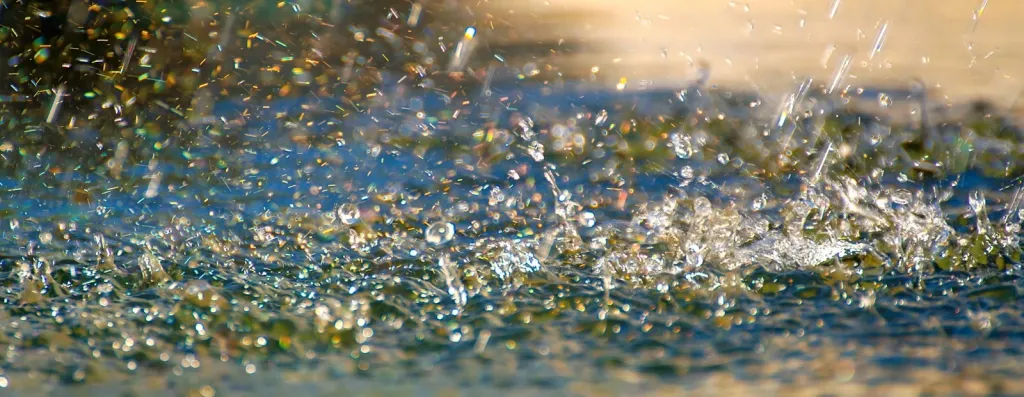 Regentropfen spritzen auf Wasseroberfläche bei goldenem Sonnenlicht