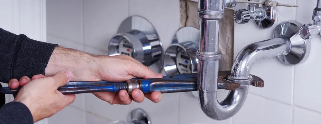 Installateurhände mit Rohrreinigungsspirale am Siphon unter einem Waschbecken