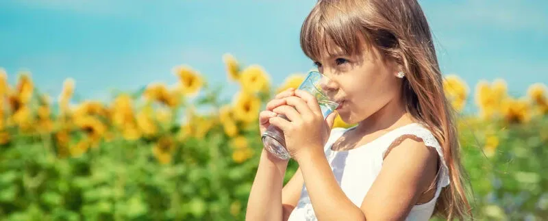 Mädchen trinkt frisches Wasser aus einem Glas vor einem Sonnenblumenfeld