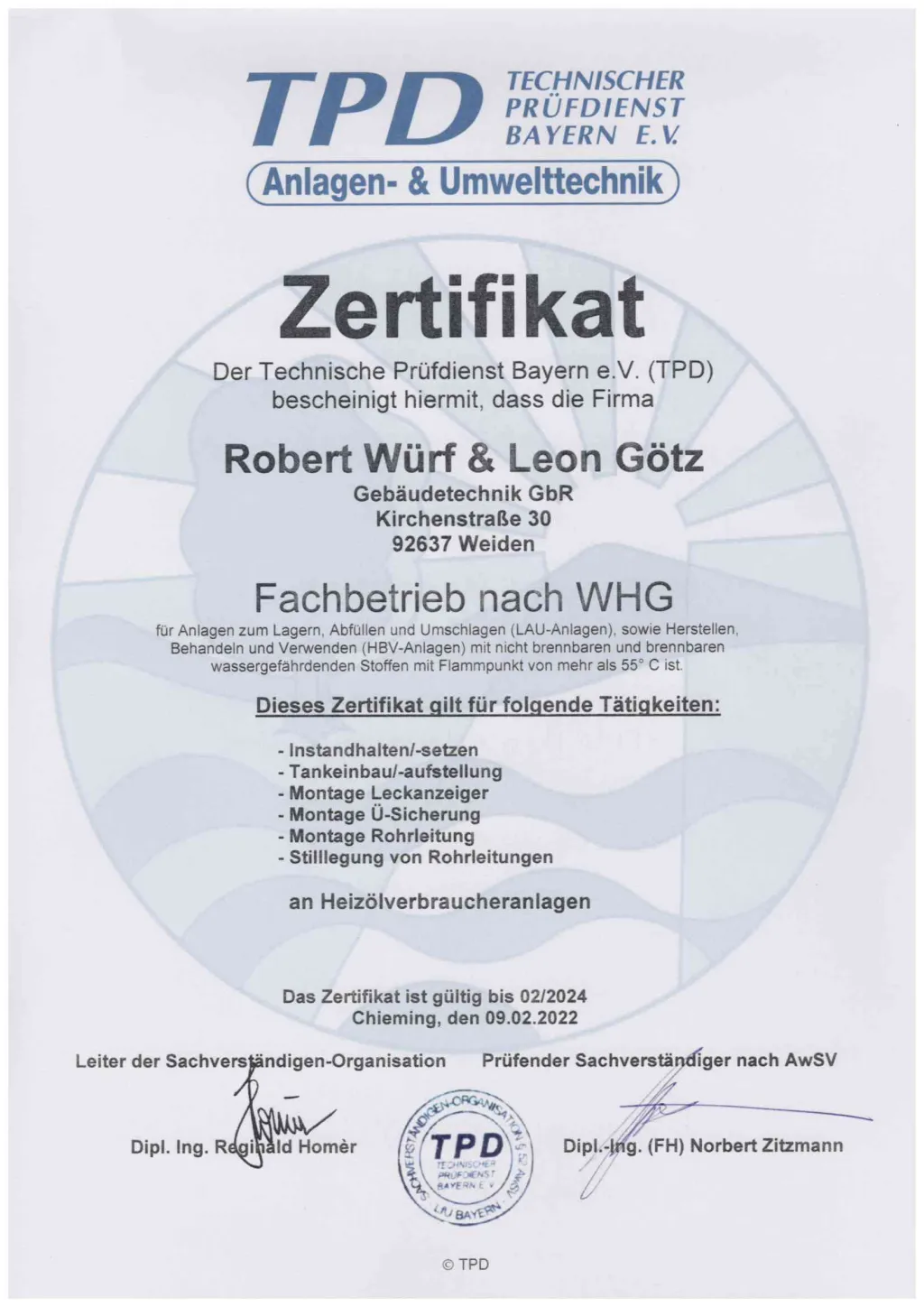 TPD Bayern Zertifikat für Robert Würf und Leon Götz als Fachbetrieb nach WHG