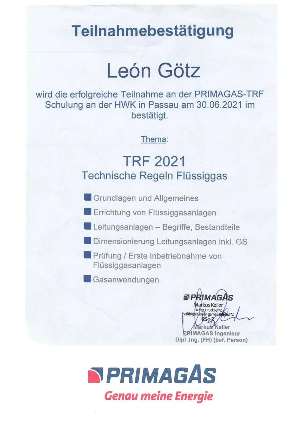 PRIMAGAS Teilnahmebestätigung für León Götz zur TRF 2021 Schulung für Flüssiggasanlagen